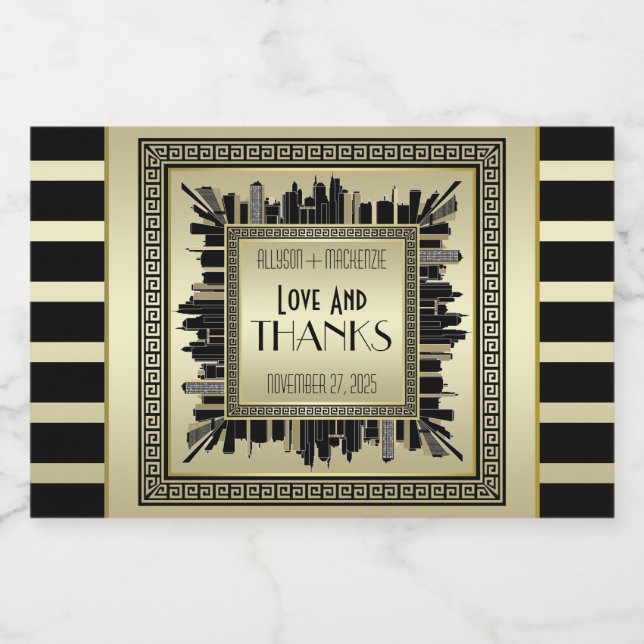 Art Deco Love & Thanks Wedding Sparkling Wine Gold Label (Single Label)