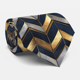 "Art Deco Luxury Design: Gold, Silver & Blue Neck Tie