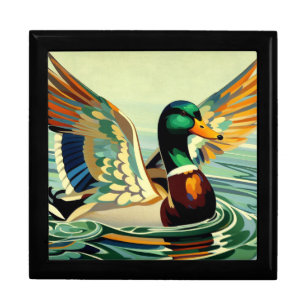 Art Deco Mallard Duck Wooden Jewelry Keepsake Box