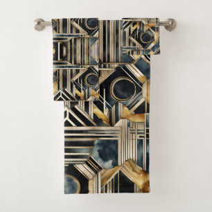 Art-deco marble Black and gold Jazzy Geometric Bath Towel Set