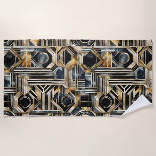 Art_deco marble Black and gold Jazzy Geometric Des Beach Towel