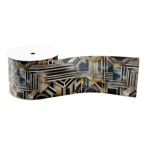 Art_deco marble Black and gold Jazzy Geometric  Grosgrain Ribbon