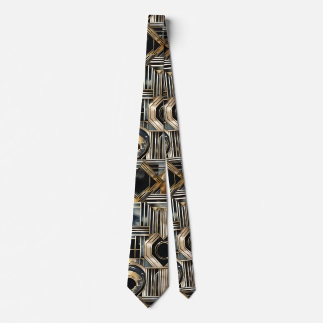 Art-deco marble Black and gold Jazzy Geometric  Neck Tie (Front)