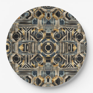 Art-deco marble Black and gold Jazzy Geometric Paper Plates
