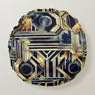 Art-deco marble Black and gold Jazzy Geometric Round Pillow