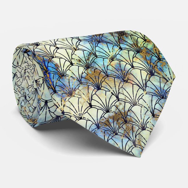 ART DECO MARBLE BLUE AQUA PATTERNED TIE (Rolled)