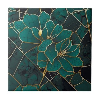 Art Deco Marble Mosaic Floral Emerald Green & Gold