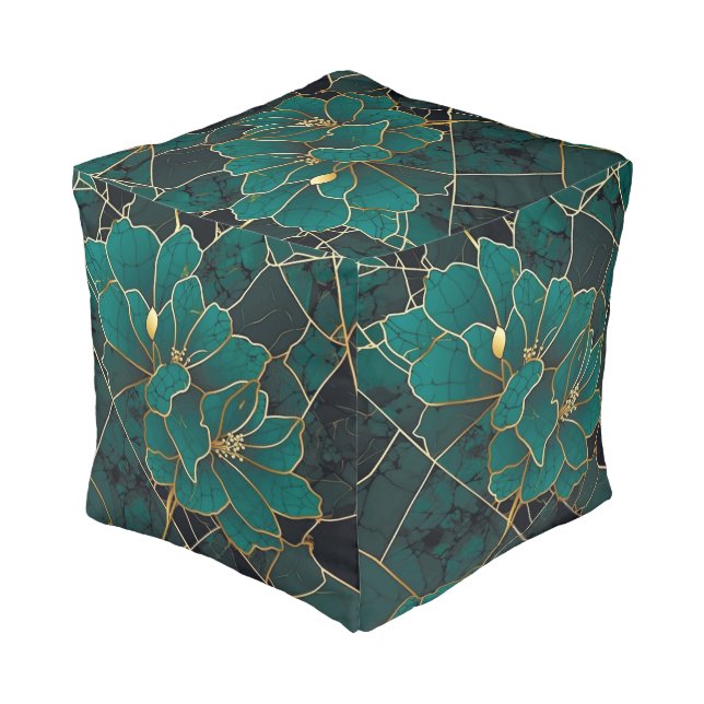 Art Deco Marble Mosaic Floral Emerald Green & Gold Pouf (Angled Back)