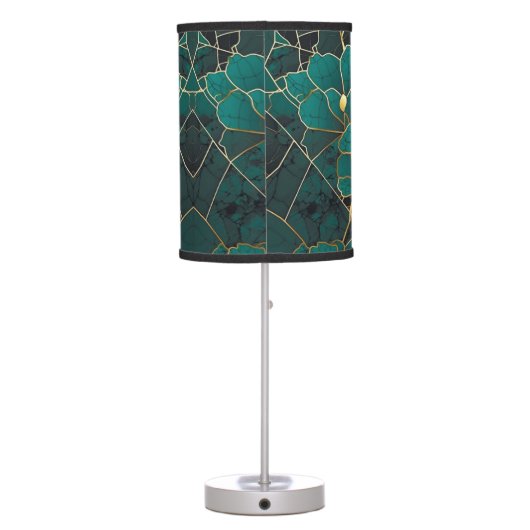 Art Deco Marble Mosaic Floral Emerald Green & Gold Table Lamp (Back)