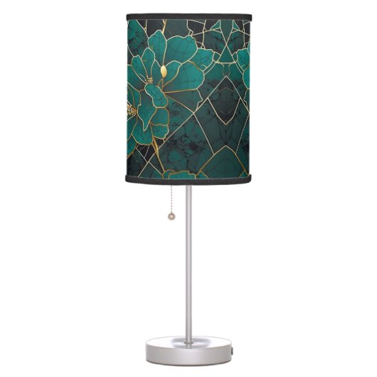 Art Deco Marble Mosaic Floral Emerald Green & Gold Table Lamp (Right)