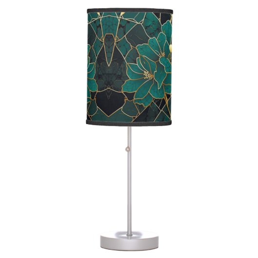 Art Deco Marble Mosaic Floral Emerald Green & Gold Table Lamp (Front)