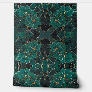Art Deco Marble Mosaic Floral Emerald Green & Gold