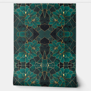 Art Deco Marble Mosaic Floral Emerald Green & Gold Wallpaper