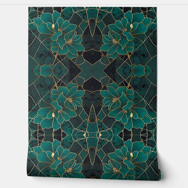 Art Deco Marble Mosaic Floral Emerald Green & Gold Wallpaper (Unrolling)
