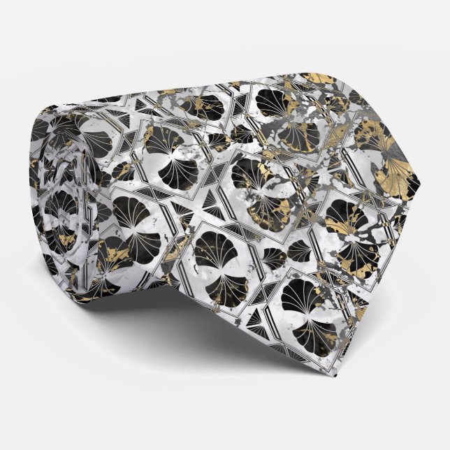 ART DECO MARBLE VINTAGE BLACK SILVER TIE (Rolled)
