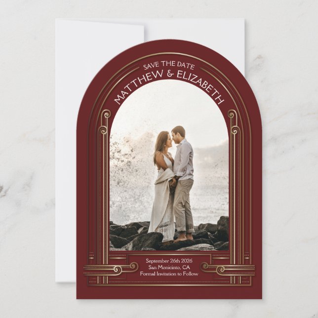 Art Deco Maroon Red Bronze Arch Save the Date Invitation (Front)