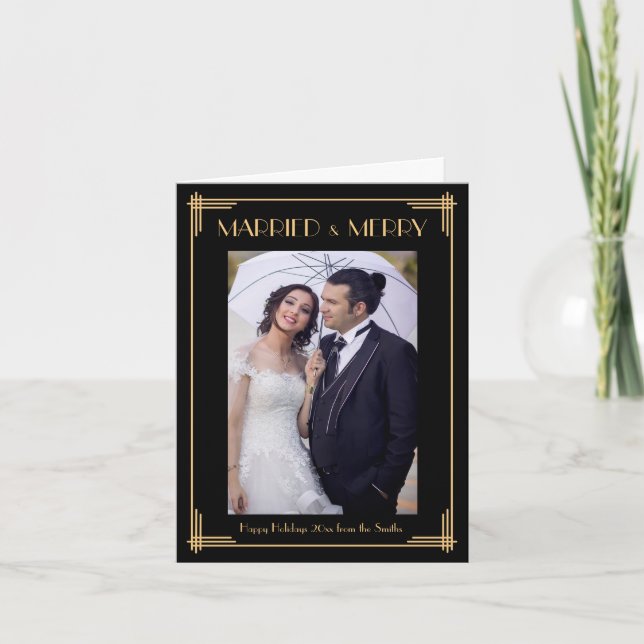Art Deco Married And Merry Christmas Note Cards (Front)