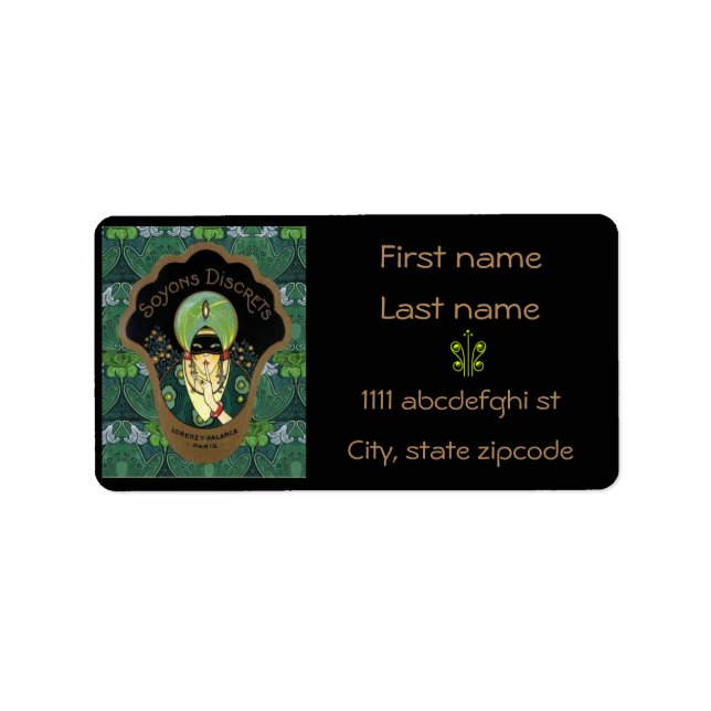 Art deco masked woman vintage soyons discrets label (Front)