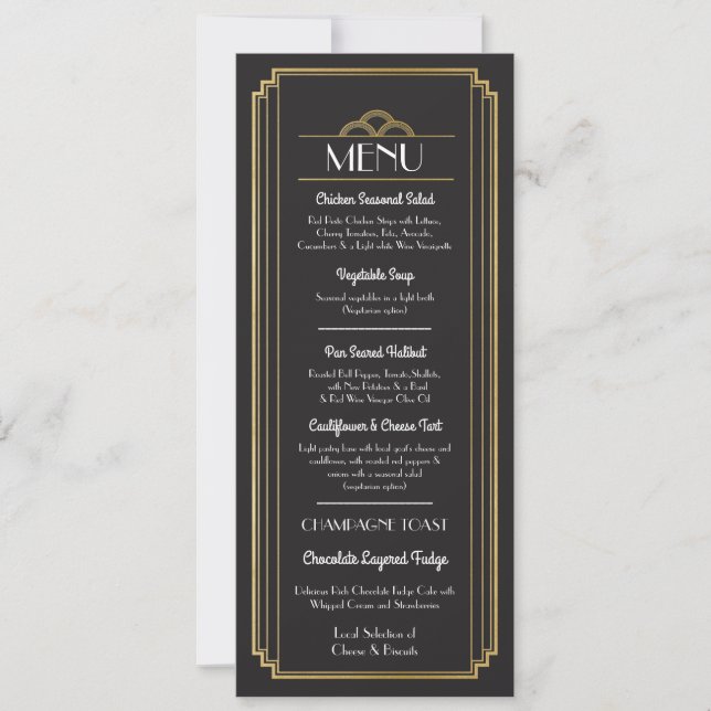 Art Deco Menu Gold Black Wedding Reception Invitation (Front)