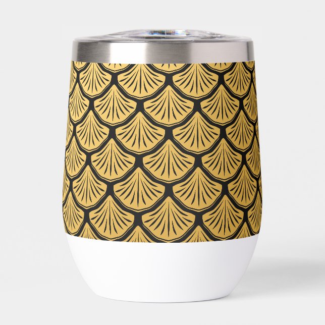 Art Deco Mermaid Scales - Black and Gold Thermal Wine Tumbler (Front)