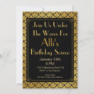Art Deco Mermaid Scales - Black & Gold Invitation