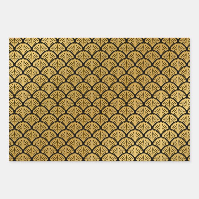 Art Deco Mermaid Scales - Black & Gold Wrapping Paper Sheets (Front)