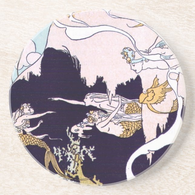 Art Deco Mermaids Sandstone Coaster (Front)