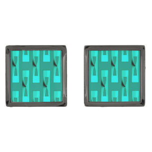 Art Deco Metallic Geometric - Peacock and Teal Gunmetal Finish Cufflinks