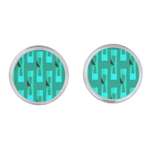 Art Deco Metallic Geometric - Peacock and Teal Silver Cufflinks