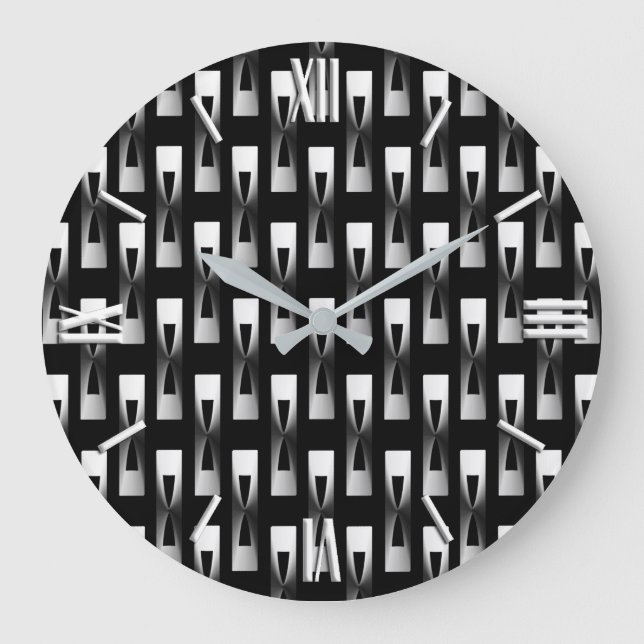 Art Deco Metallic Geometric - Silver and Black Large Clock (Front)