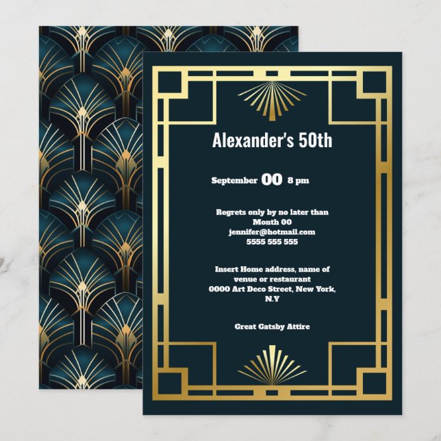Art deco minimalist plain blue gold gatsby theme invitation (Front/Back)