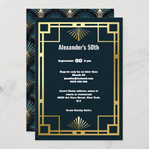 Art deco minimalist plain blue gold gatsby theme invitation