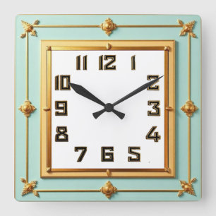 Art Deco Mint and Gold Square Wall Clock
