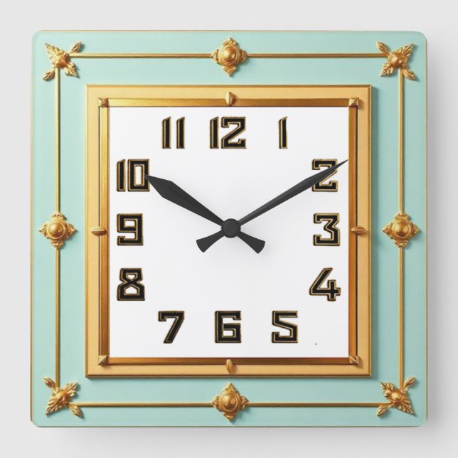 Art Deco Mint and Gold Square Wall Clock (Front)