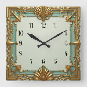 Art Deco Mint and Gold Square Wall Clock