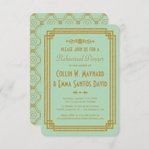 Art Deco Mint Rehearsal Dinner Invites