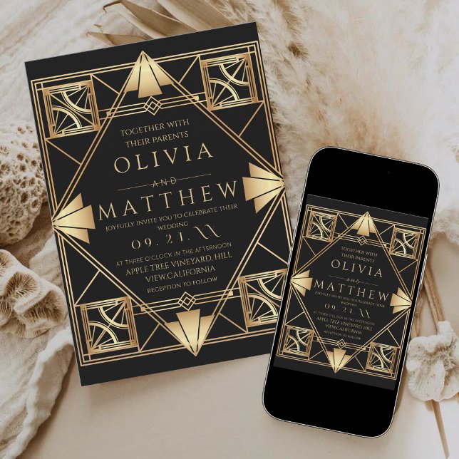 Art Deco Modern Black and Gold Geometric Wedding  Invitation (Creator Uploaded)
