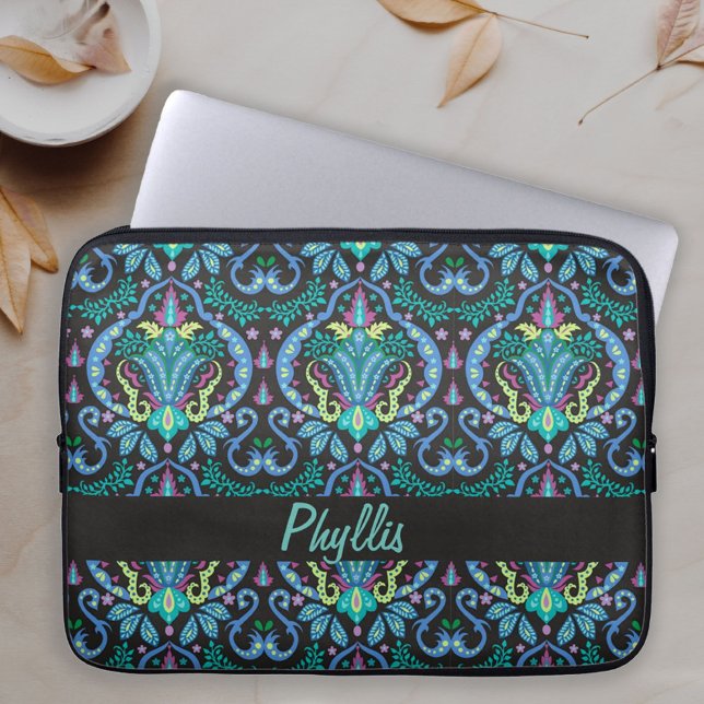 Art Deco Modern Black Turquoise Name Personalized Laptop Sleeve (Modern Damask in Turquoise, Teal and Black pattern with name personalized across a laptop case)