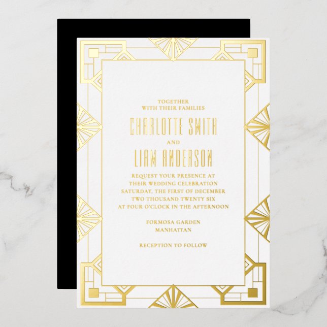 Art Deco Modern Gold Foil Pressed Floral Wedding Foil Invitation (Front/Back)