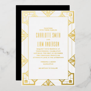 Art Deco Modern Gold Foil Pressed Floral Wedding Invitation