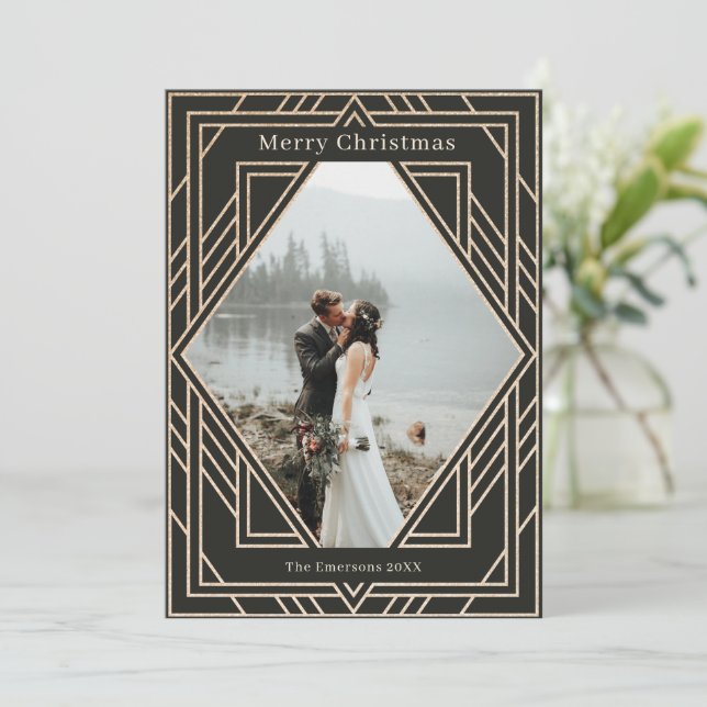 Art Deco Modern Golden Christmas Photo Design Card (Standing Front)