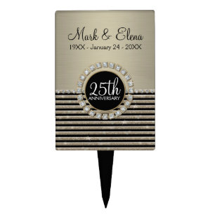 Art Deco Modern Horizontal Stripe Glitter Look Cake Topper