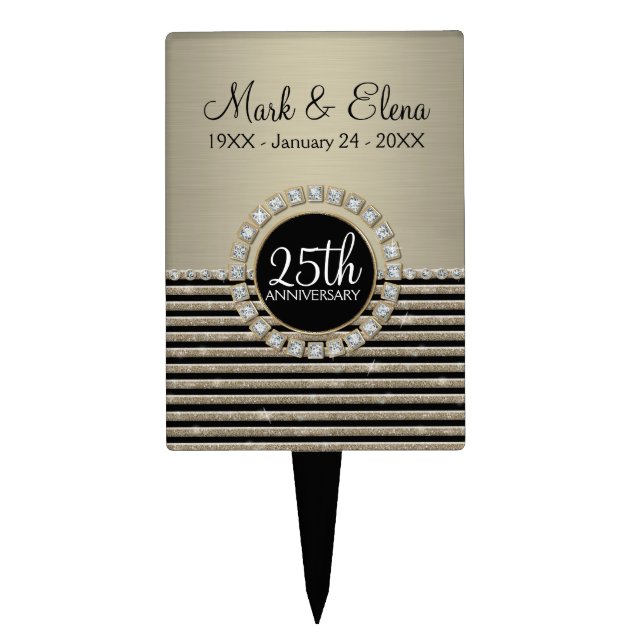 Art Deco Modern Horizontal Stripe Glitter Look Cake Topper (Front)