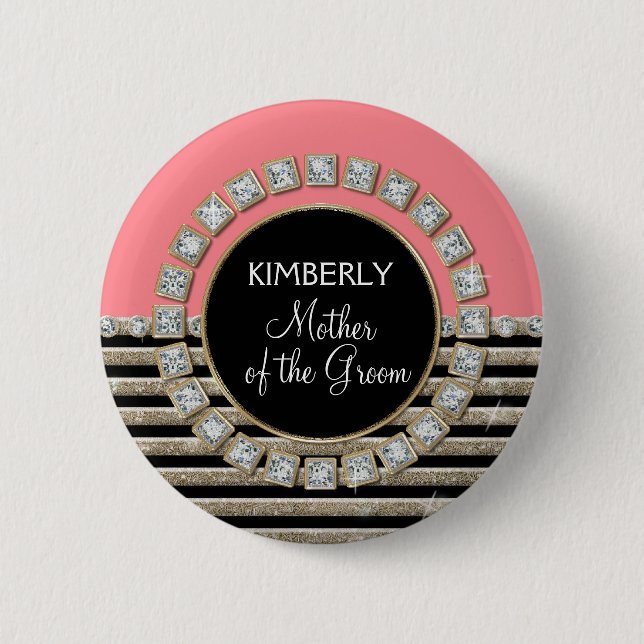 Art Deco Modern Horizontal Stripe Glitter Look Pinback Button (Front)