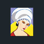 Art Deco Modern Lady in a Turban Canvas Print<br><div class="desc">Canvas in a modern,  semi-abstract,  Art Deco inspired portrait of a lady in red with a white turban,  against a yellow and blue -gray background</div>