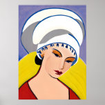 Art Deco Modern Lady in a Turban Poster<br><div class="desc">Poster in a modern,  semi-abstract,  Art Deco inspired portrait of a lady in red with a white turban,  against a yellow and blue -gray background</div>