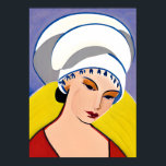 Art Deco Modern Lady in a Turban Poster<br><div class="desc">Poster in a modern,  semi-abstract,  Art Deco inspired portrait of a lady in red with a white turban,  against a yellow and blue -gray background</div>