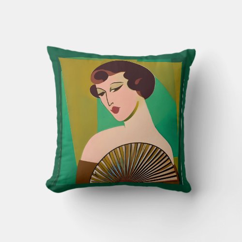 Art Deco Modern Lady with a Fan Throw Pillow