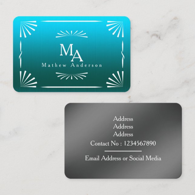 Art Deco Monogram Blue Personal  Business Card (Front/Back)
