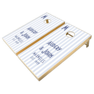 Art Deco Monogram Blue White Stripes Wedding Cornhole Set